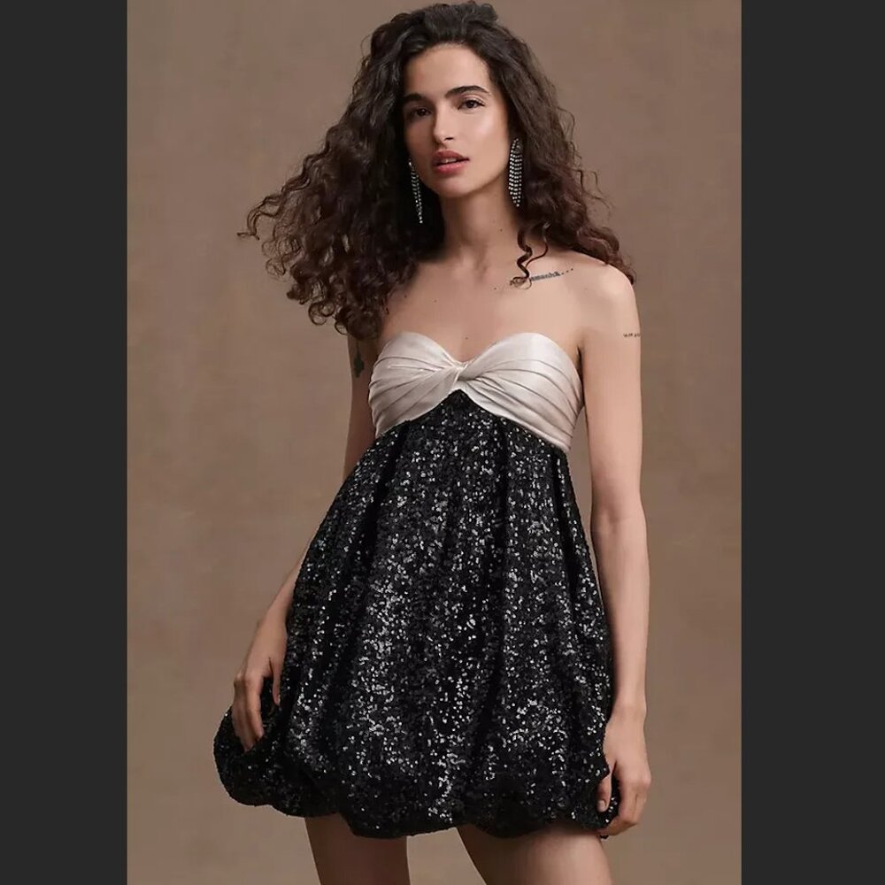 [NEW] Ronny Kobo Jolita Strapless Sweetheart Sequin Bubble-Hem Mini Dress